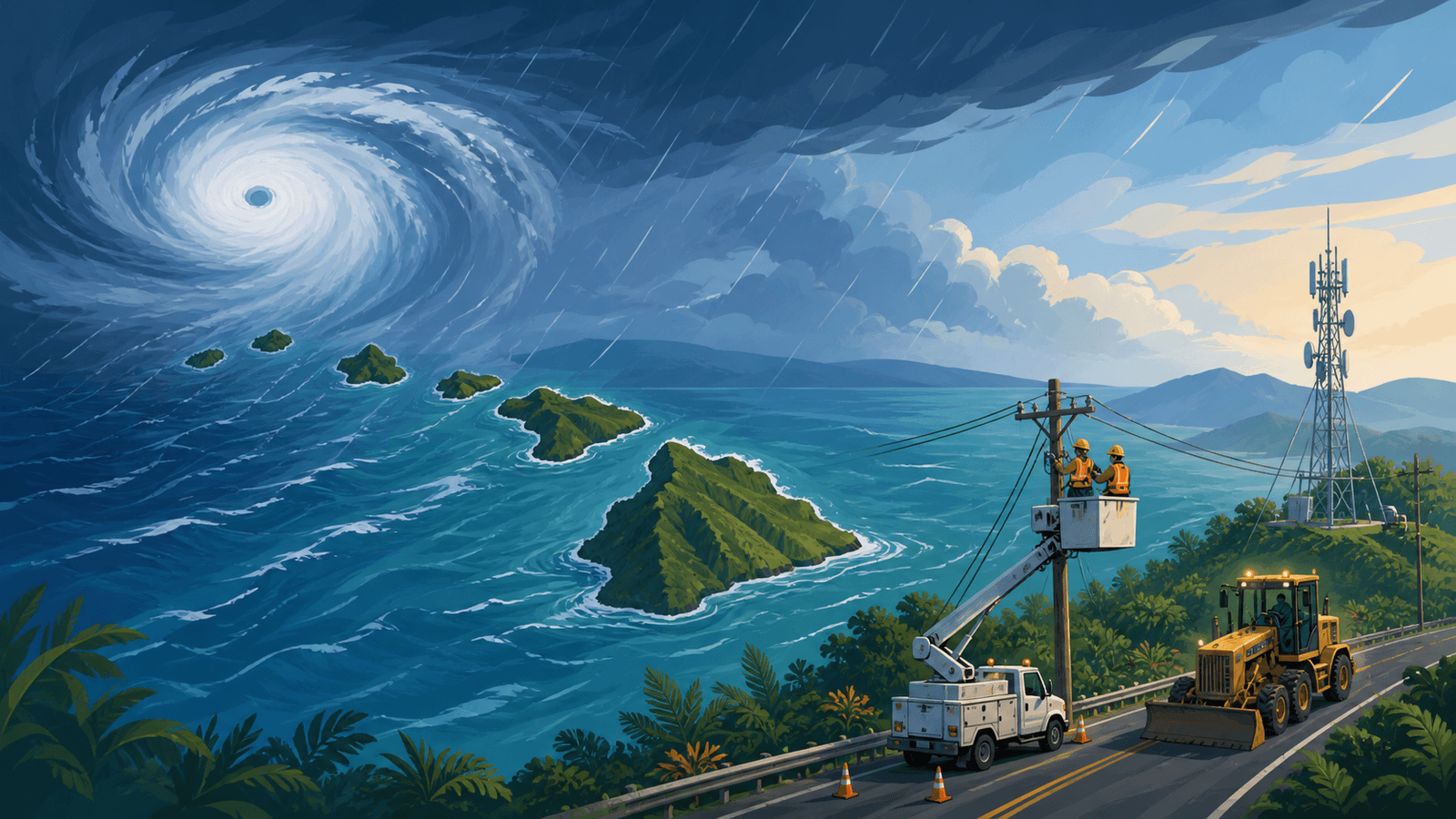 Illustration of Hurricane Lala near Hawaiʻi with power, road, and recovery elements