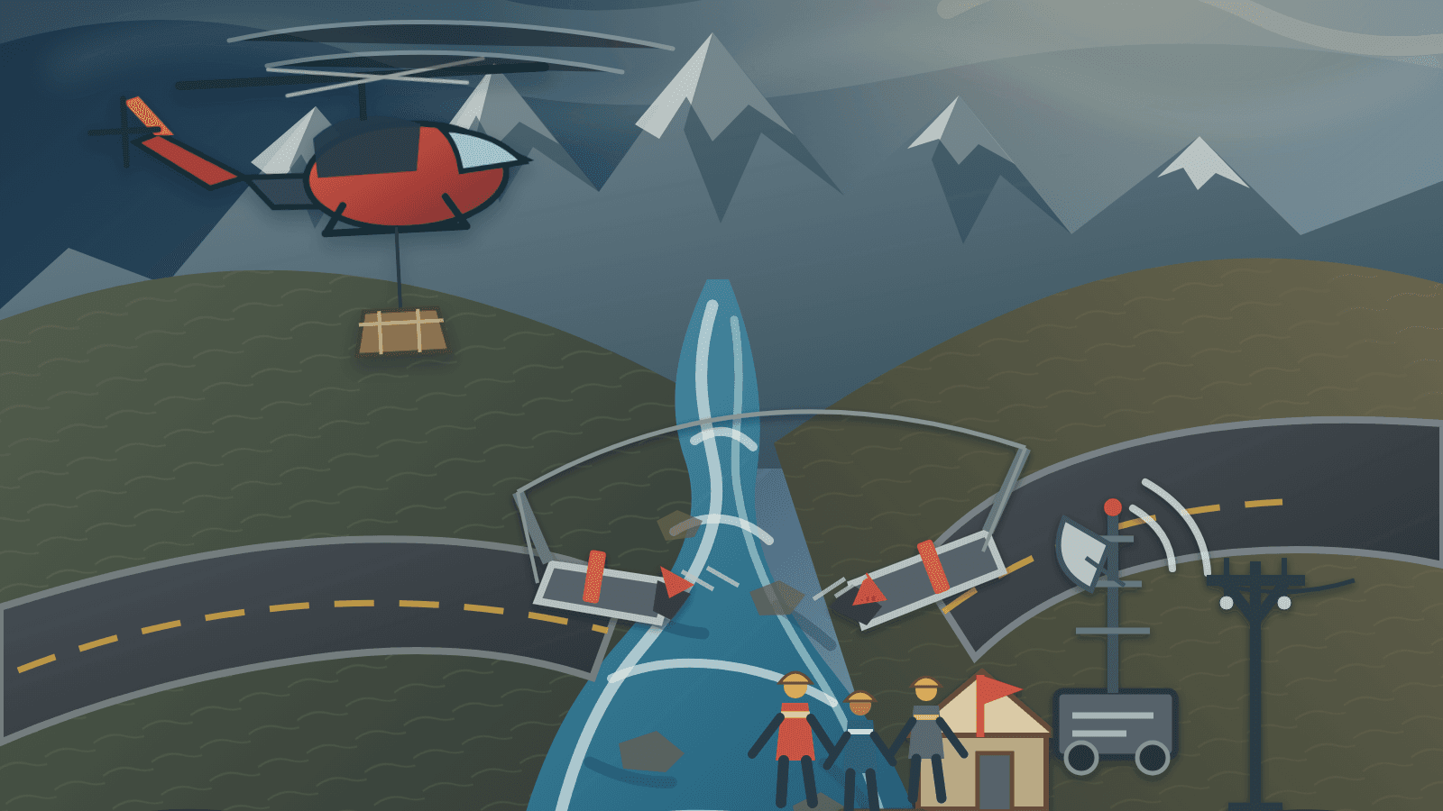 Illustration of flood rescue operations in a Himalayan valley with a helicopter, damaged bridge, and relief teams